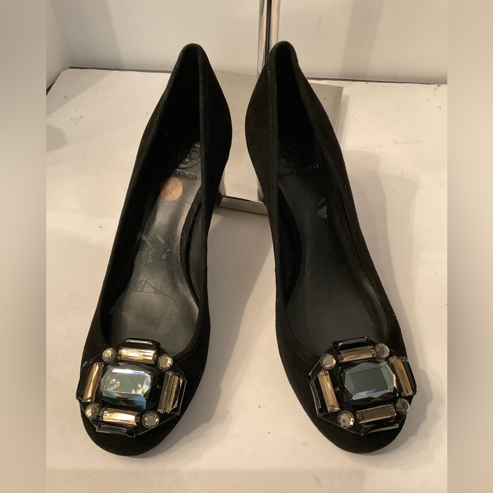 Tory Burch black suede heels w/embellishments on the toe.